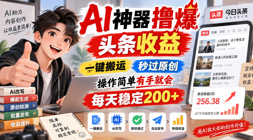 AI神器撸爆头条收益，一键搬运，秒过原创，操作简单有手就会，每天稳定200+【揭秘】网创吧-网创项目资源站-副业项目-创业项目-搞钱项目网创吧