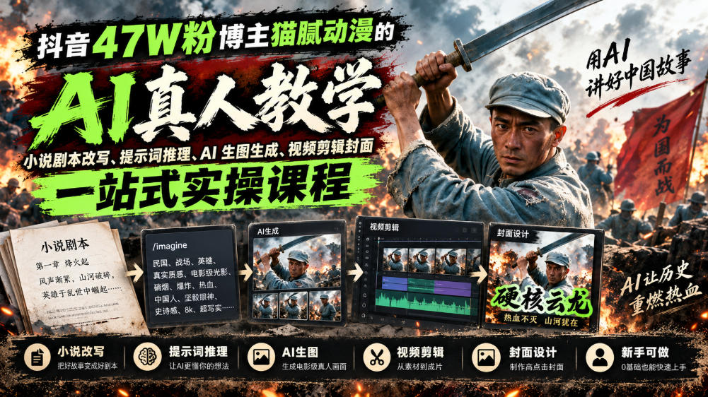 抖音47W粉博主猫腻动漫的AI真人漫剧教学，小说剧本改写、提示词推理、AI生图生成、视频剪辑封面一站式实操课程网创吧-网创项目资源站-副业项目-创业项目-搞钱项目网创吧