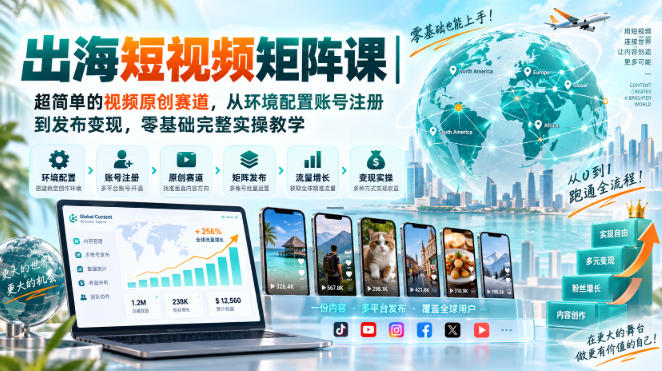 出海短视频矩阵课|超简单的视频原创赛道,从环境配置账号注册到发布变现,零基础完整实操教学网创吧-网创项目资源站-副业项目-创业项目-搞钱项目网创吧