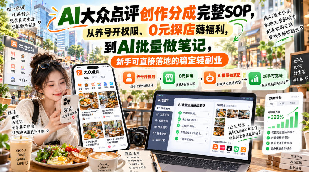 【无水印】AI大众点评创作分成完整SOP，从养号开权限、0元探店薅福利，到AI批量做笔记，新手可直接落地的稳定轻副业网创吧-网创项目资源站-副业项目-创业项目-搞钱项目网创吧