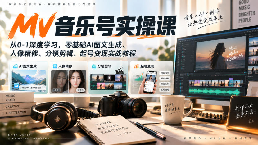 AI MV音乐号实操课，从0-1深度学习，零基础AI图文生成、人像精修、分镜剪辑、起号变现实战教程网创吧-网创项目资源站-副业项目-创业项目-搞钱项目网创吧