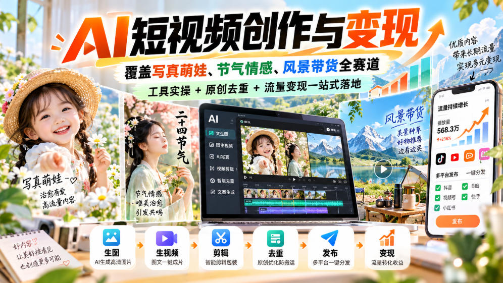 AI短视频创作与变现,覆盖写真萌娃、节气情感、风景带货全赛道,工具实操+原创去重+流量变现一站式落地网创吧-网创项目资源站-副业项目-创业项目-搞钱项目网创吧