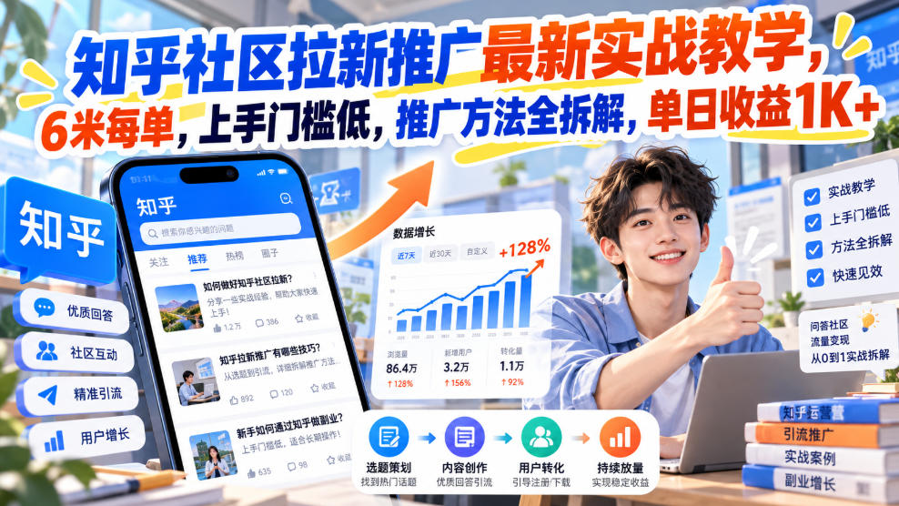 知乎社区拉新推广最新实战教学，6米每单，上手门槛低，推广方法全拆解，单日收益1K+！网创吧-网创项目资源站-副业项目-创业项目-搞钱项目网创吧