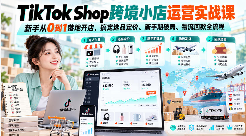 TikTok Shop跨境小店运营实战课,新手从0到1落地开店,搞定选品定价、新手期破局、物流回款全流程网创吧-网创项目资源站-副业项目-创业项目-搞钱项目网创吧