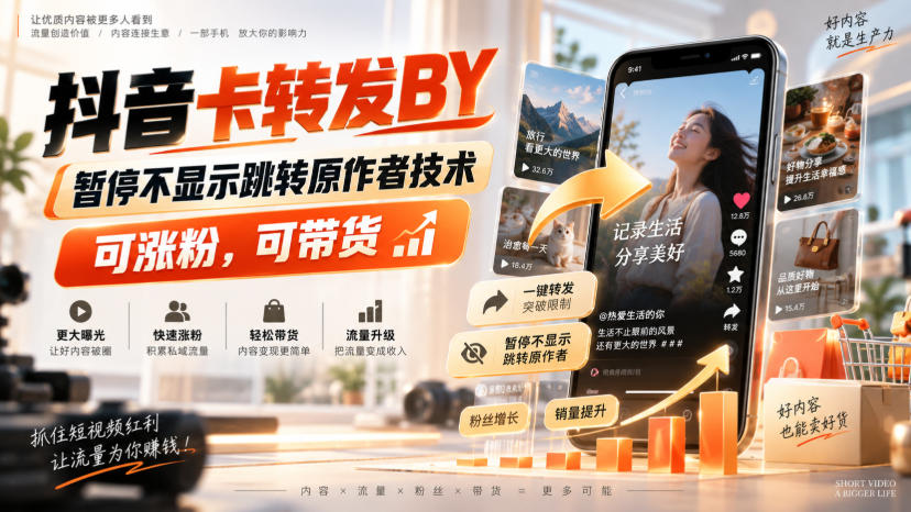 抖音卡转发搬运,暂停不显示跳转原作者技术,可涨粉,可带货网创吧-网创项目资源站-副业项目-创业项目-搞钱项目网创吧