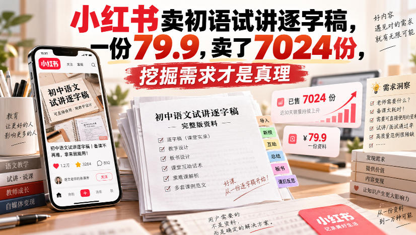 小红书卖初语试讲逐字稿,一份79.9,卖了7024份,挖掘需求才是真理网创吧-网创项目资源站-副业项目-创业项目-搞钱项目网创吧
