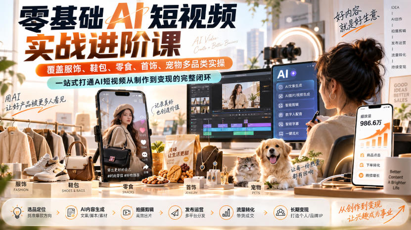 零基础AI短视频实战进阶课,覆盖服饰、鞋包、零食、首饰、宠物多品类实操,一站式打通AI短视频从制作到变现的完整闭环网创吧-网创项目资源站-副业项目-创业项目-搞钱项目网创吧