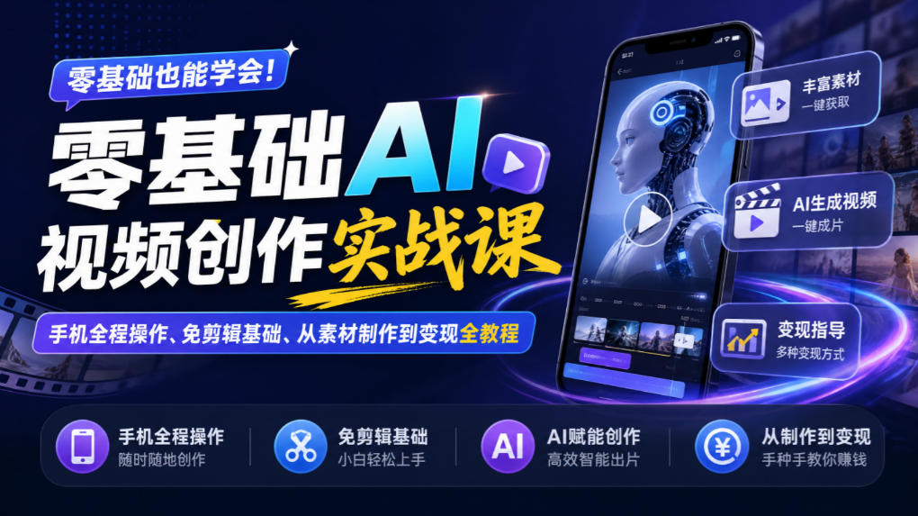 零基础AI视频创作实战课|手机全程操作、免剪辑基础、从素材制作到变现全教程网创吧-网创项目资源站-副业项目-创业项目-搞钱项目网创吧