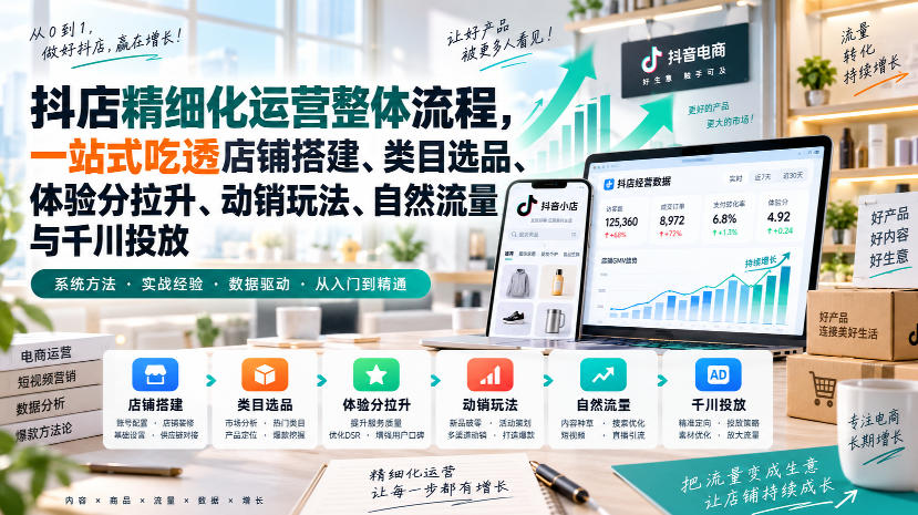 李哥电商-抖店精细化运营整体流程,一站式吃透店铺搭建、类目选品、体验分拉升、动销玩法、自然流量与千川投放网创吧-网创项目资源站-副业项目-创业项目-搞钱项目网创吧