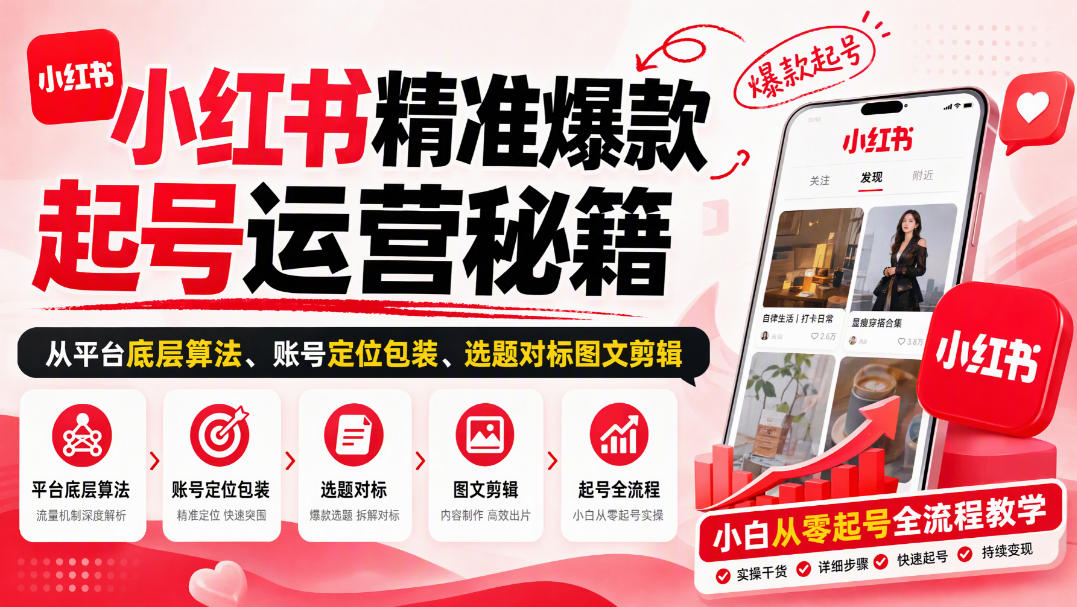 小红书精准爆款起号运营秘籍,从平台底层算法、账号定位包装、选题对标图文剪辑,小白从零起号全流程网创吧-网创项目资源站-副业项目-创业项目-搞钱项目网创吧