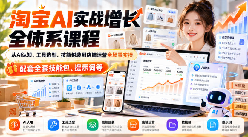 淘宝AI实战增长全体系课程,从AI认知、工具选型、技能封装到店铺运营全场景实操,配套全套技能包、提示词等网创吧-网创项目资源站-副业项目-创业项目-搞钱项目网创吧