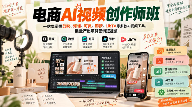 电商AI视频创作师班,一站式掌握剪映、海螺、可灵、即梦、LibTV等多款AI视频工具,批量产出带货营销短视频网创吧-网创项目资源站-副业项目-创业项目-搞钱项目网创吧
