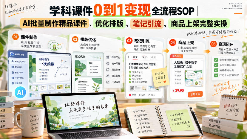 学科课件0到1变现全流程SOP|AI批量制作精品课件、优化排版、笔记引流、商品上架完整实操网创吧-网创项目资源站-副业项目-创业项目-搞钱项目网创吧