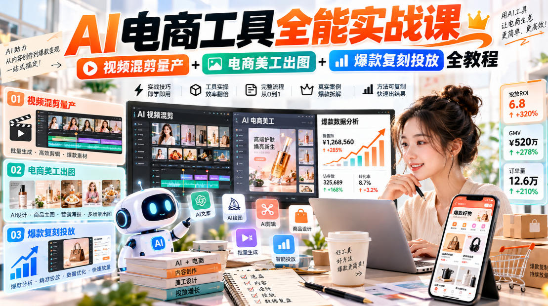 AI电商工具全能实战教学,视频混剪量产+电商美工出图+爆款复刻投放全教程网创吧-网创项目资源站-副业项目-创业项目-搞钱项目网创吧