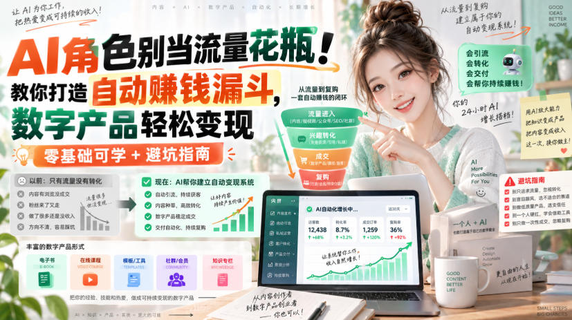 AI角色别当流量花瓶!教你打造自动賺钱漏斗,数字产品轻松变现(零基础可学+避坑指南)【原创双语字幕】网创吧-网创项目资源站-副业项目-创业项目-搞钱项目网创吧