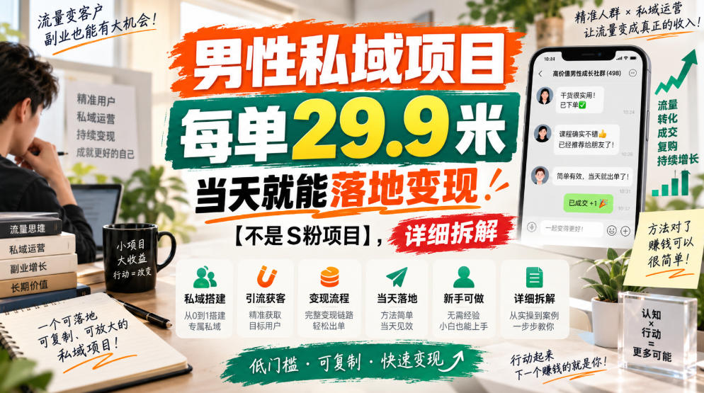 男性私域项目,每单29.9米,当天就能落地变现【不是S粉项目】,详细拆解网创吧-网创项目资源站-副业项目-创业项目-搞钱项目网创吧