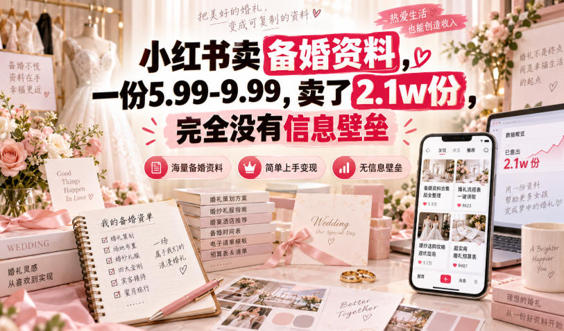 小红书卖备婚资料，一份5.99-9.99，卖了2.1w份，完全没有信息壁垒网创吧-网创项目资源站-副业项目-创业项目-搞钱项目网创吧