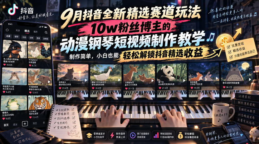 9月抖音全新精选赛道玩法,10w粉丝博主的动漫钢琴短视频制作教学,制作简单,小白也能轻松解锁抖音精选收益网创吧-网创项目资源站-副业项目-创业项目-搞钱项目网创吧