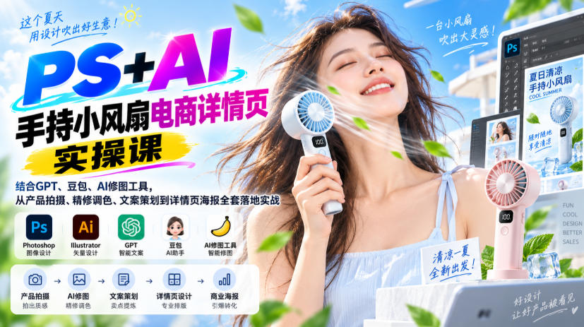 PS+AI手持小风扇电商详情页实操课|结合GPT、豆包、AI修图工具,从产品拍摄、精修调色、文案策划到详情页海报全套落地实战网创吧-网创项目资源站-副业项目-创业项目-搞钱项目网创吧