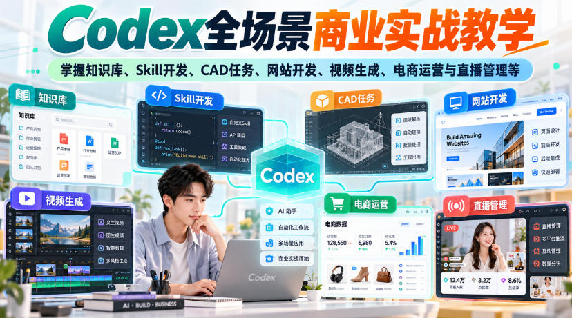 【无水印】Codex全场景商业实战教学，掌握知识库、Skill开发、CAD任务、网站开发、视频生成、电商运营与直播管理等网创吧-网创项目资源站-副业项目-创业项目-搞钱项目网创吧