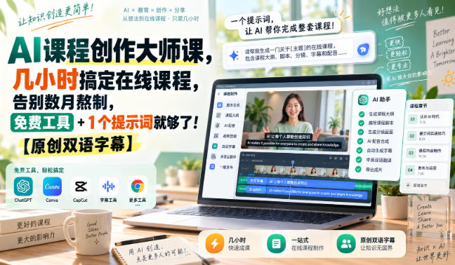 AI课程创作大师课，几小时搞定在线课程，告别数月熬制，免费工具+1个提示词就够了！【原创双语字幕】网创吧-网创项目资源站-副业项目-创业项目-搞钱项目网创吧