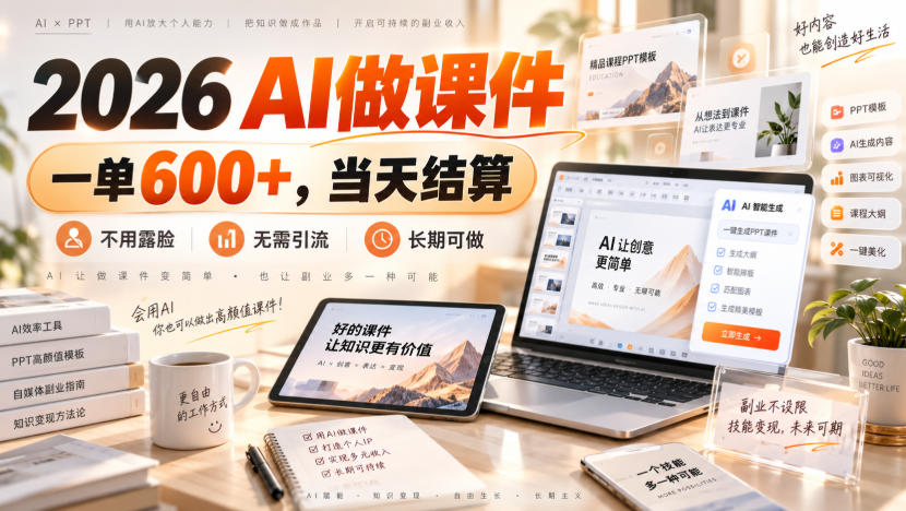 2026 AI做课件，一单600+，当天结算，不用露脸，无需引流，长期可做【揭秘】网创吧-网创项目资源站-副业项目-创业项目-搞钱项目网创吧