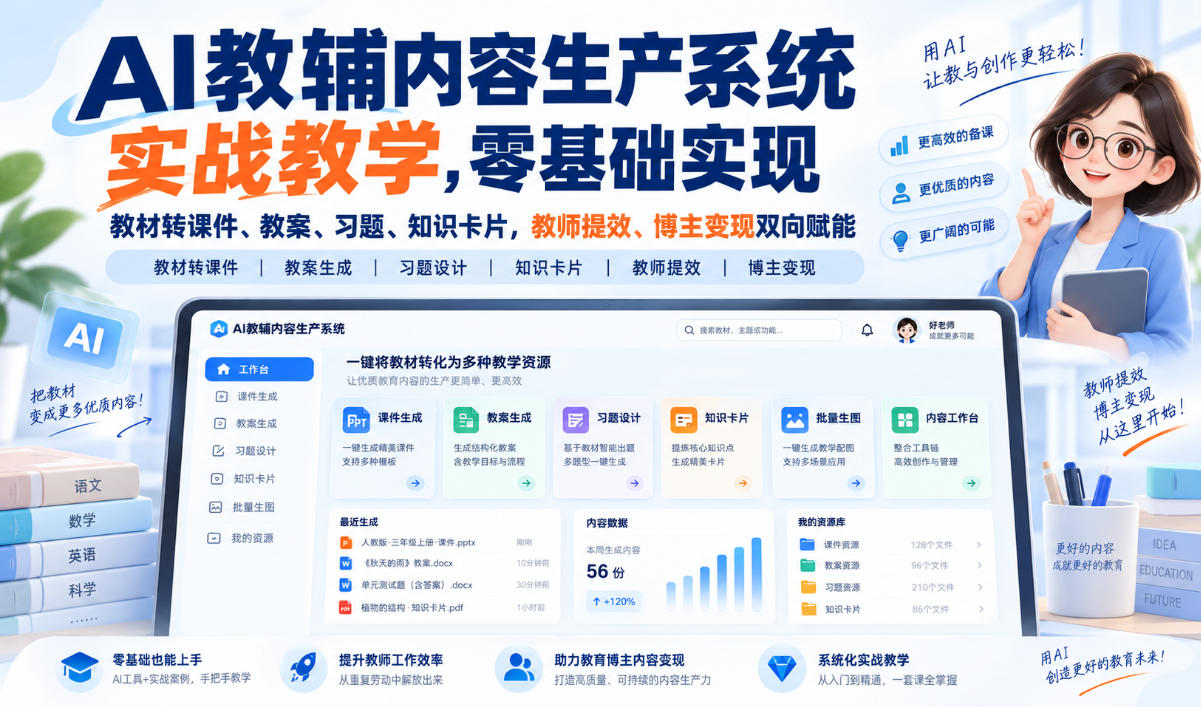 AI教辅内容生产系统实战教学，零基础实现教材转课件、教案、习题、知识卡片，教师提效、博主变现双向赋能网创吧-网创项目资源站-副业项目-创业项目-搞钱项目网创吧