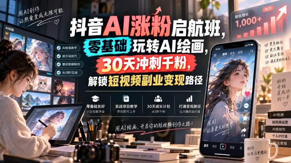 抖音AI涨粉启航班,零基础玩转AI绘画,30天冲刺千粉,解锁短视频副业变现路径网创吧-网创项目资源站-副业项目-创业项目-搞钱项目网创吧