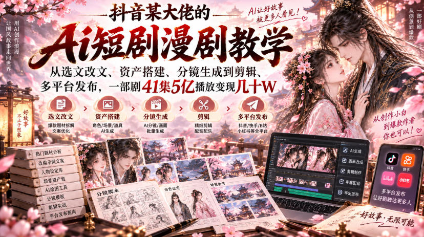 抖音某大佬的Ai短剧漫剧教学,从选文改文、资产搭建、分镜生成到剪辑、多平台发布,一部剧41集5亿播放变现几十W网创吧-网创项目资源站-副业项目-创业项目-搞钱项目网创吧