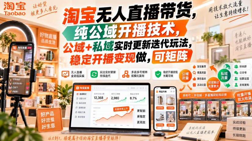 淘宝无人直播带货，纯公域开播技术，公域+私域实时更新迭代玩法，稳定开播变现做，可矩阵【揭秘】网创吧-网创项目资源站-副业项目-创业项目-搞钱项目网创吧