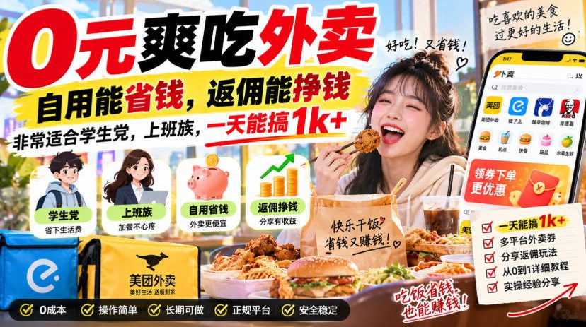 0元爽吃外卖,自用能省钱,返佣能挣钱,非常适合学生党,上班族,一天能搞1k+网创吧-网创项目资源站-副业项目-创业项目-搞钱项目网创吧