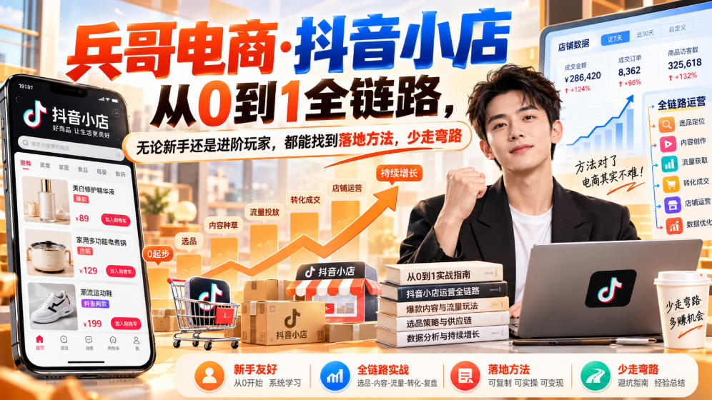 【无水印】兵哥电商·抖音小店从0到1全链路，无论新手还是进阶玩家，都能找到落地方法，少走弯路（更新9月）网创吧-网创项目资源站-副业项目-创业项目-搞钱项目网创吧