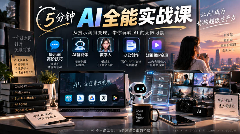 5分钟AI全能实战课|提示词高阶技巧+AI智能体+数字人+办公创作+短视频IP变现全教程网创吧-网创项目资源站-副业项目-创业项目-搞钱项目网创吧