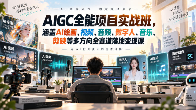 AIGC全能项目实战班，涵盖AI绘画、视频、音频、数字人、音乐、剪映等多方向全赛道落地变现课网创吧-网创项目资源站-副业项目-创业项目-搞钱项目网创吧