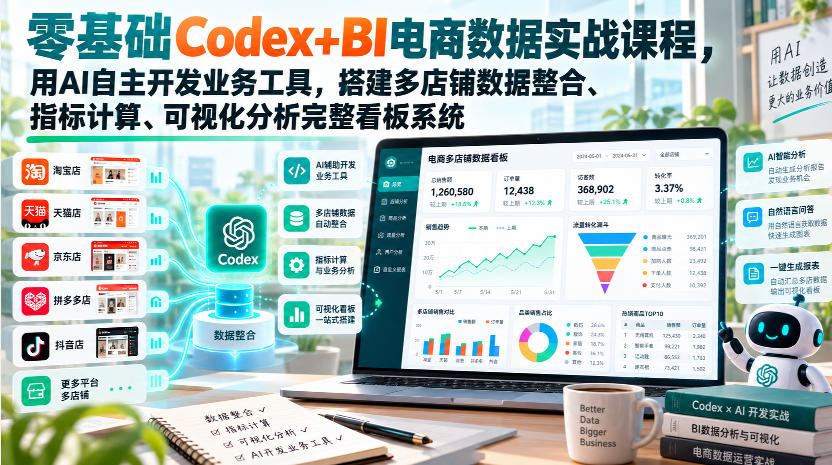零基础Codex+BI电商数据实战课程,用AI自主开发业务工具,搭建多店铺数据整合、指标计算、可视化分析完整看板系统网创吧-网创项目资源站-副业项目-创业项目-搞钱项目网创吧
