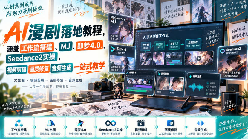 AI漫剧落地教程,涵盖工作流搭建、MJ、即梦4.0、Seedance2实操,视频剪辑画质修复音频生成一站式教学网创吧-网创项目资源站-副业项目-创业项目-搞钱项目网创吧
