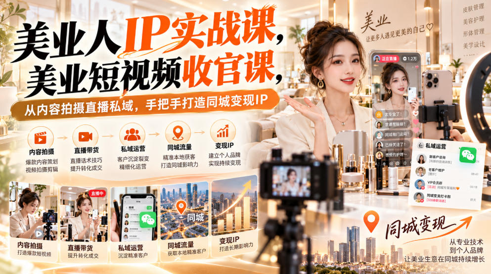 【无水印】美业人IP实战课,美业短视频收官课,从内容拍摄直播私域,手把手打造同城变现IP网创吧-网创项目资源站-副业项目-创业项目-搞钱项目网创吧