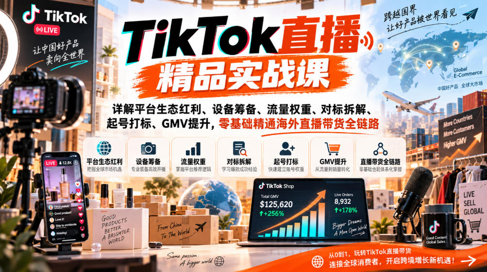 TikTok直播精品实战课,详解平台生态红利、设备筹备、流量权重、对标拆解、起号打标、GMV提升,零基础精通海外直播带货全链路网创吧-网创项目资源站-副业项目-创业项目-搞钱项目网创吧