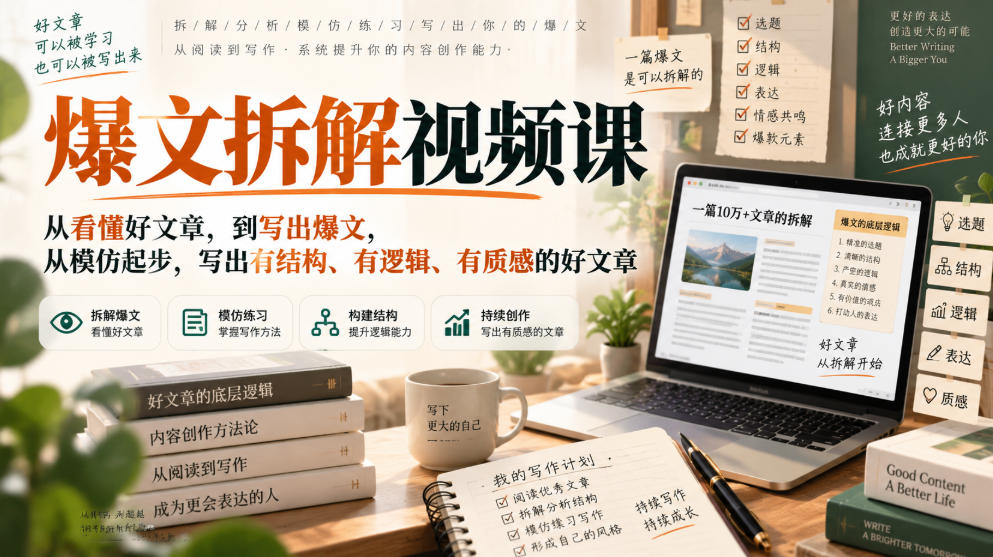 爆文拆解视频课，从看懂好文章，到写出爆文，从模仿起步，写出有结构、有逻辑、有质感的好文章网创吧-网创项目资源站-副业项目-创业项目-搞钱项目网创吧