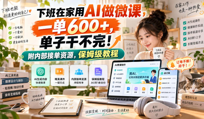 下班在家用AI做微课，一单600+，单子干不完！附内部接单资源，保姆级教程【揭秘】网创吧-网创项目资源站-副业项目-创业项目-搞钱项目网创吧