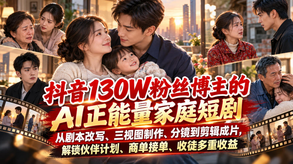 抖音130W粉丝博主的AI正能量家庭短剧,从剧本改写、三视图制作、分镜到剪辑成片,解锁伙伴计划、商单接单、收徒多重收益网创吧-网创项目资源站-副业项目-创业项目-搞钱项目网创吧