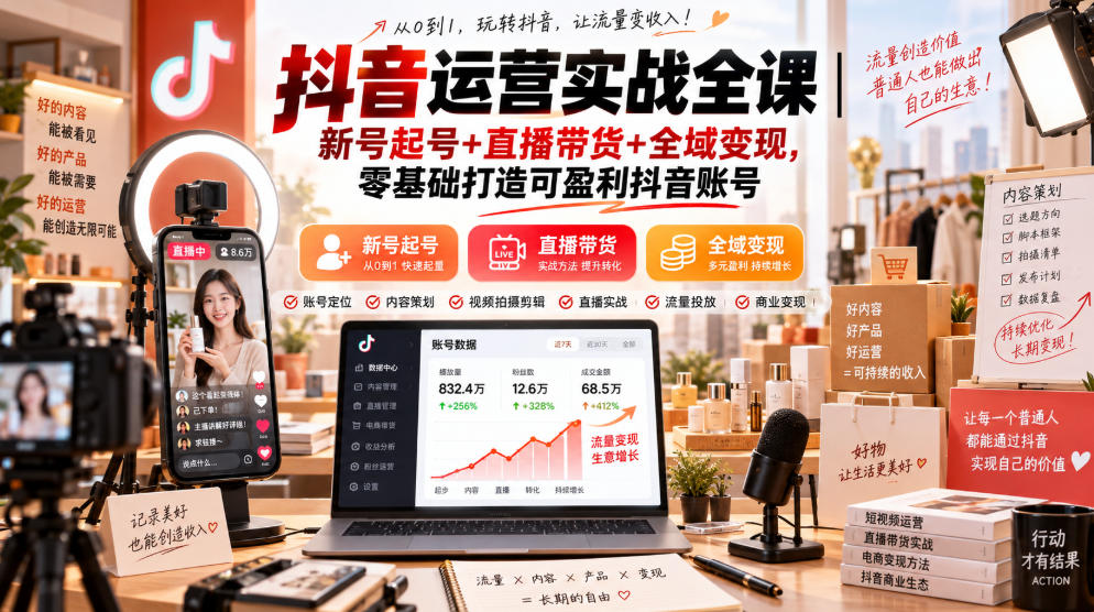 抖音运营实战全课|新号起号+直播带货+全域变现,零基础打造可盈利抖音账号网创吧-网创项目资源站-副业项目-创业项目-搞钱项目网创吧
