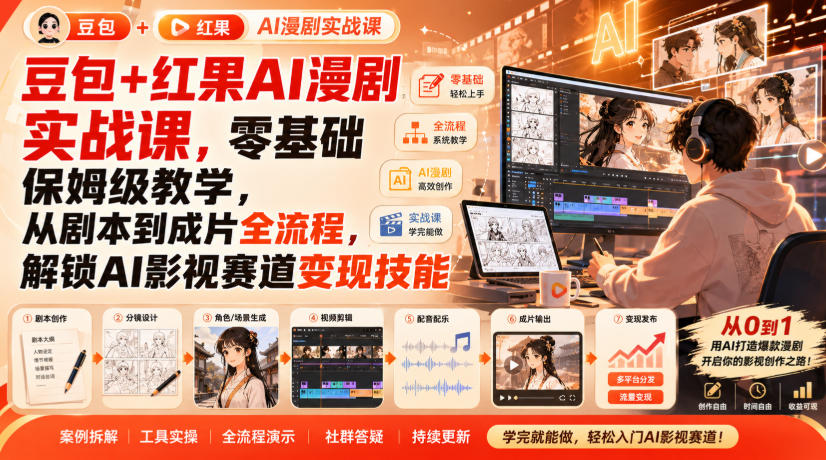 豆包+红果AI漫剧实战课,零基础保姆级教学,从剧本到成片全流程,解锁AI影视赛道变现技能网创吧-网创项目资源站-副业项目-创业项目-搞钱项目网创吧