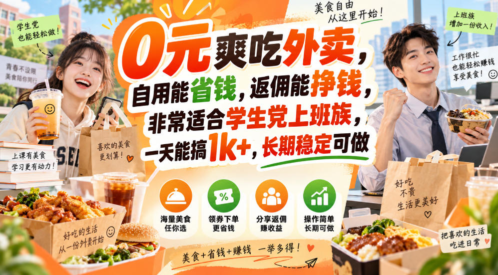 0元爽吃外卖，自用能省钱，返佣能挣钱，非常适合学生党上班族，一天能搞1k+，长期稳定可做网创吧-网创项目资源站-副业项目-创业项目-搞钱项目网创吧