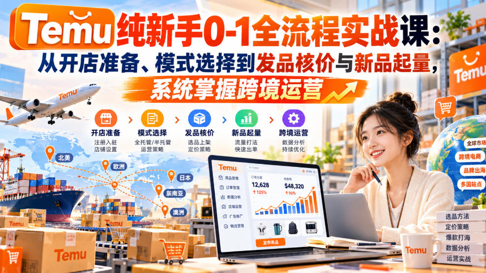 【无水印】Temu纯新手0-1全流程实战课:从开店准备、模式选择到发品核价与新品起量,系统掌握跨境运营网创吧-网创项目资源站-副业项目-创业项目-搞钱项目网创吧