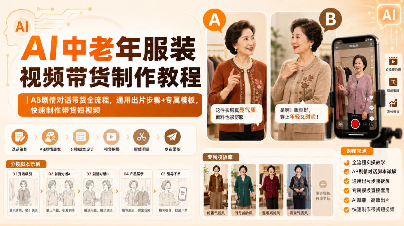 AI中老年服装视频带货制作教程|AB剧情对话带货全流程,通用出片步骤+专属模板,快速制作带货短视频网创吧-网创项目资源站-副业项目-创业项目-搞钱项目网创吧