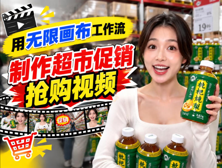 无限画布超市促销抢购视频工作流,一键产出TikTok抖音带货短视频网创吧-网创项目资源站-副业项目-创业项目-搞钱项目网创吧