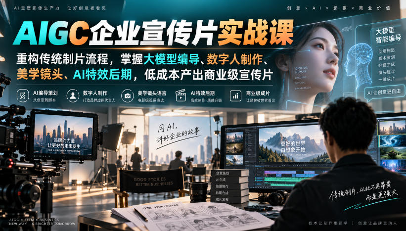 AIGC企业宣传片实战课,重构传统制片流程,掌握大模型编导、数字人制作、美学镜头、AI特效后期,低成本产出商业级宣传片网创吧-网创项目资源站-副业项目-创业项目-搞钱项目网创吧