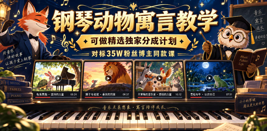钢琴动物寓言教学,可做精选独家分成计划,对标35W粉丝博主同款课网创吧-网创项目资源站-副业项目-创业项目-搞钱项目网创吧