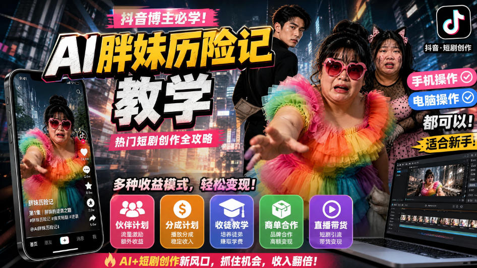 抖音博主的AI胖妹历险记教学,伙伴计划+分成计划+收徒+商单等多种收益,适合新手,手机电脑都可以操作网创吧-网创项目资源站-副业项目-创业项目-搞钱项目网创吧